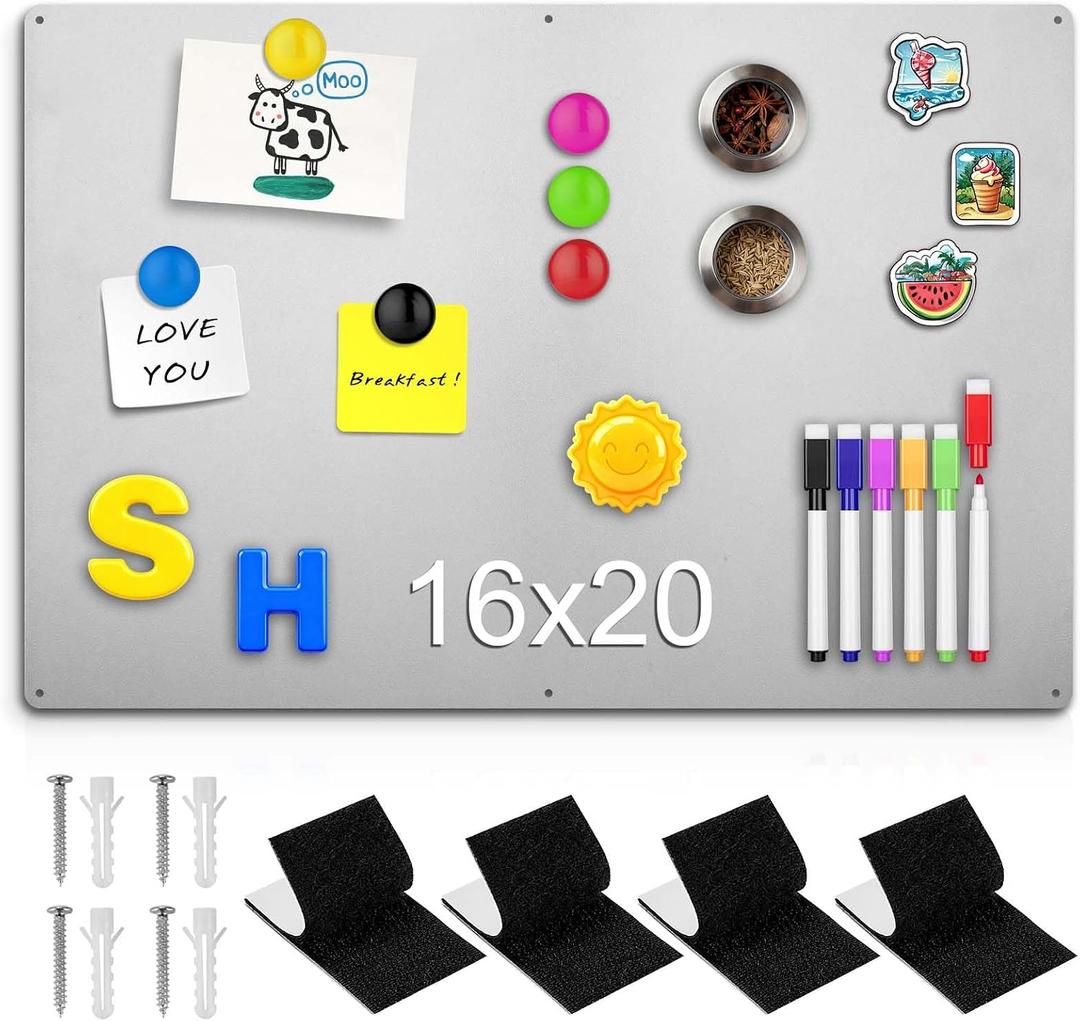 16" x 20" Magnetic Board, Silver Magnet Bulletin Board to Display Magnetic Letters, Metal Board for Wall, Refrigerator Photo, with Dual Lock Tape and Screws, Marker Pen