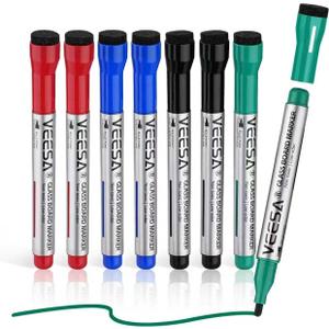 Glass Board Dry Erase Markers, Bullet Tip, 8 Pack with Magnetic Eraser Caps, 4 Assorted Colors, Designed for Glass Board, Bold Color