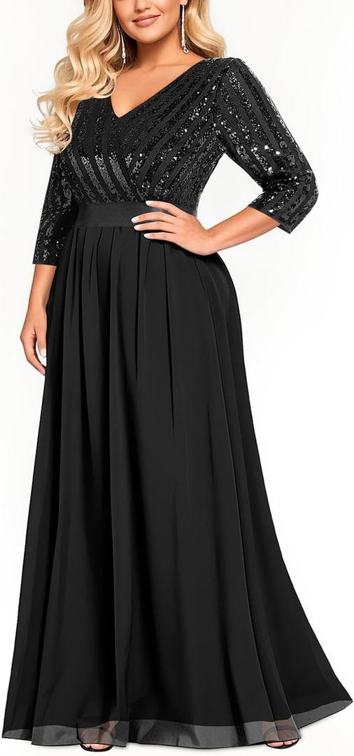 Talisea Womens Plus Size Formal Dresses - V Neck 3/4 Sleeve Sequin Prom Evening Gowns Long Maxi Dress,22 W