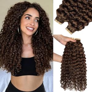Tape in Hair Extensions Human Hair, 18 Inch Human Hair Tape in Extensions 20Pcs Medium Brown Curly Tape Ins Human Hair Extensions for Women Water Wave Seamless Tape in Hair Extensions Real Human Hair #4