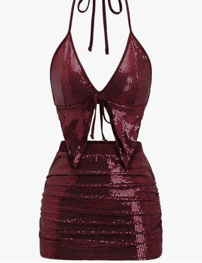 SHENHE Women's Y2k 2 Piece Sexy Outfits Backless Halter Crop Top and Ruched Bodycon Mini Skirt Set, Small, Sequin Burgundy 