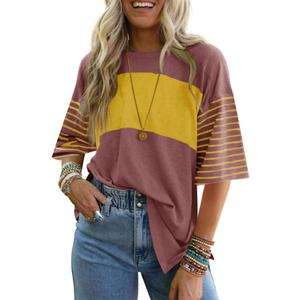 Yousify Womens Crew Neck Summer Tops Short Sleeve Striped Block Colors Shirts Loose Blouse T-Shirts (Large, Brick Red)