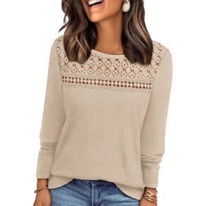 WIHOLL Blouses for Women Dressy Casual Lace Spring Long Sleeve Shirts 2026 Trendy Sweaters Waffle Knit Beach Vacation Clothes, Medium