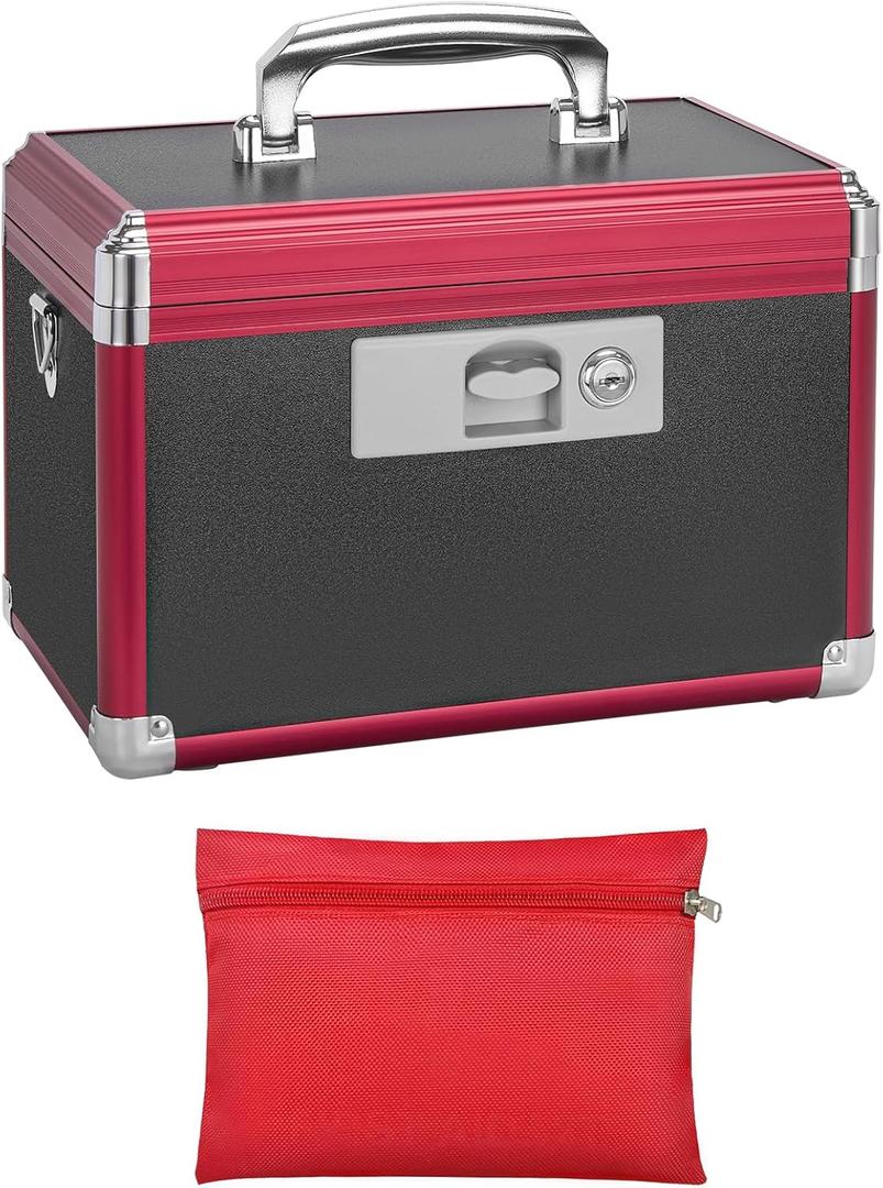 Secure Medicine Lock Box with Key, Childproof Metal Medication Storage Organizer for Home & Travel, Layered Aluminum First Aid Box, Portable & Durable  11.2" x 7.6" x 7.6" Black & Red (Medium)