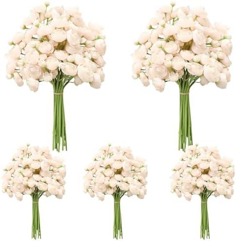 Ovveroche 5 Bouquets Cream Ranunculus Artificial Flowers, 30 Pcs Silk Mini Faux Ranunculus Bouquet for Wedding, Bridal Shower, Centerpieces, and DIY Decorations