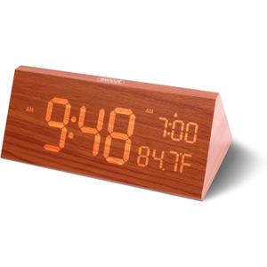 OhM-ega Wooden Digital Alarm Clock, Electric Clocks with Dual USB Port, Large Numbers, Temperature Display, Brightness Dimmer, Sound-Activated Display, Snooze, 12/24H, Brown