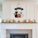 Halloween Wooden Welcome Sign for Front Door, Halloween Black Cat Ghost and Jack Pumpkin Hanging Welcome Sign for Indoor Outdoor, Wooden Sign for Wreath Doors Walls