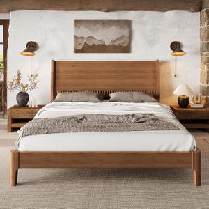 KEIKI Queen Size Bamboo Platform Bed with Tall Headboard, Mid-Century Modern Floating Bed Frame with Wooden Solid Support Slats, No Box Spring Needed, Easy Assembly, Noise Free, for Bedroom, Brown