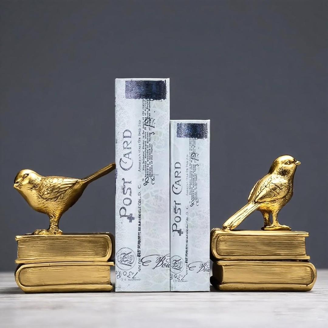Home Decorative Gold Birds & Books Vintage Design Resin Bookshelf Bookends,Paper Weights, Book Ends,Bookend Supports, Book Stoppers, Set of 2