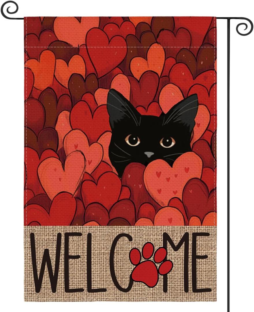 AVOIN color life Valentines Day Garden Flag 12x18 Inch Double Sided Outside, Black Cat Love Hearts Welcome Yard Outdoor Flag
