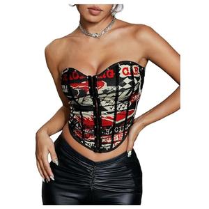 SHENHE Women's Y2K Strapless Corset Bustier Top Open Back Graphic Bandeau Summer Festival Rave Crop Tops Black and Red L