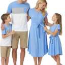 PATPAT Family Matching Outfits Short Sleeve Mommy and Me Outfits Belted Dresses and Casual T-Shirts Matching Sets 2 Packs (Blue, S)