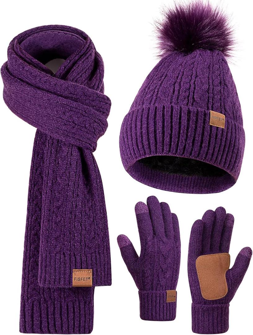 Winter Beanie Hat Scarf Gloves Set for Women, Pom Pom Beanie with Fleece Lined Long Knit Neck Warmer Fingers Touchscreen Gloves, Fashionable Cute Warm 3 in 1 Gift Set for Cold Weather (A-06) Purple