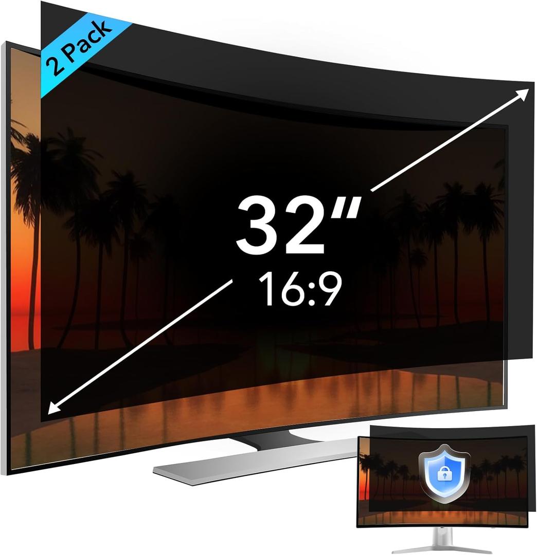 2 Pack 32 inch Computer Privacy Screen Filter for 16:9 Aspect Ratio Widescreen Monitor,32in Curved Computer Monitor Privacy Shield Anti Glare Blue Light Eye Protection, Anti-Scratch Removable Protector Film