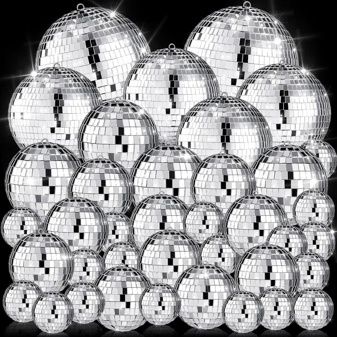 Hoolerry 65 Pcs Disco Balls Decorations Assorted Size Disco Ball Ornament Reflective Hanging Mirror Ball Mini Large Silver Balls for Carnival Wedding Dance Ballroom Stage(6/4/ 2/3.15/1.2 in)