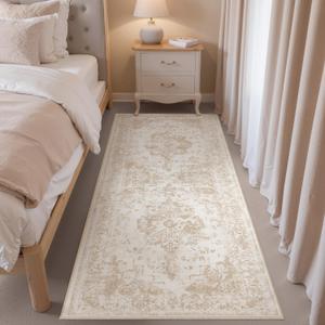 2x6 Washable Runner Rug Beige Neutral Carpet for Kitchen Hallway Distressed Vintage Non-Slip Low Pile Soft Lightweight Vacuumable Throw Rug for Bathroom Bedroom Office Laundry