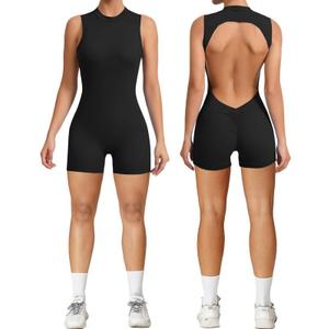 Litthing Women Short Jumpsuit Backless Scrunch Butt Workout Rompers V Back Yoga One Piece Unitards Sleeveless Gym Bodycon (Small, Black)