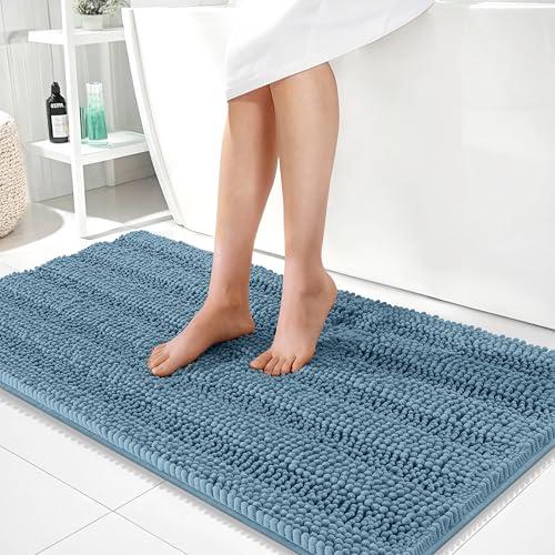 OLANLY Thick Bathroom Runner Rugs 44x24, Extra Absorbent Chenille Striped Bath Rugs, Rubber Backing, Machine Wash Dry, Long Bath Mats for Bathroom, Tub and Shower, Home Decor Accessories, Airy Blue