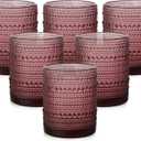 Vintage Glassware Drinking Glasses Set of 6, 12 oz Hobnail Glass Cups, Embossed Purple Water Tumbler, for Beer, Cocktail, Whiskey, Juice and Various Mixed Drinks- 1 Cleaning Brush