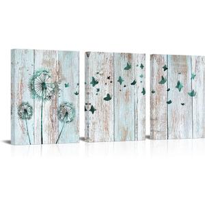 Visual Art Decor Rustic Teal Dandelion Butterflies Canvas Wall Art Prints Rustic Teal Home Bedroom Office Wall Decoration Framed Ready to Hang 12inx16inx3Pieces