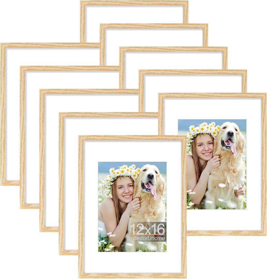 DecorUhome 12x16 Picture Frame Set of 10, Display Photos 8.5x11 with Mat or 12x16 Unmatted for Picture Frames Collage Wall Decor, Natural