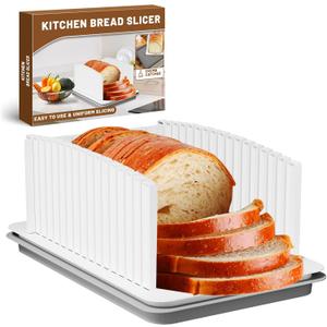 Bread Slicer for Homemade Bread, Bread Slicing Guide with Adjustable Width and Crumb Tray, Foldable Bread Cutter for Homemade Bread, Bagels, Cakes, Sandwich (White (1-Pack))
