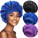 3 Pack Satin Bonnet Silk Hair Bonnet for Sleeping, Sleep Bonnets for Women Large Wide Soft Band Sleep Cap for Curly Hair Braids