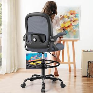 Drafting Chair, Tall Office Chair Ergonomic Standing Desk Chair,with Adjustable Footrest Ring, 3D Lumbar Support, Flip-up Armrests, Swivel Desk Stool for Drawing Working (Dark Gray) (2401-Z)