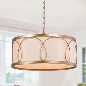 Gold Drum Chandelier Light Fixture, 3-Light Modern Hanging Pendant Lighting with White Fabric Shade for Dining Room, Kitchen, Bedroom, Living Room and Foyer