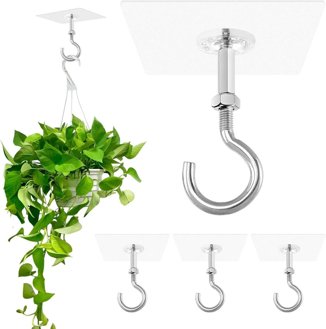 4 Pack Adhesive Ceiling Hooks, 30lbs Heavy Duty Ceiling Hooks for Hanging Plants, No Drilling Wall Hook Sticky Hanger for Hanging Lights, Wind Chimes, Lantern