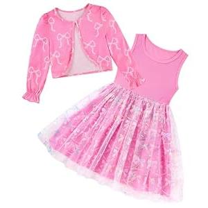 grehava Toddler Girl Dress and Cardigan Set 3Y Light Pink Girl Dress with Bow Print and Ruffle Cardigan 3T Dresses for Toddler Girls Tea Party