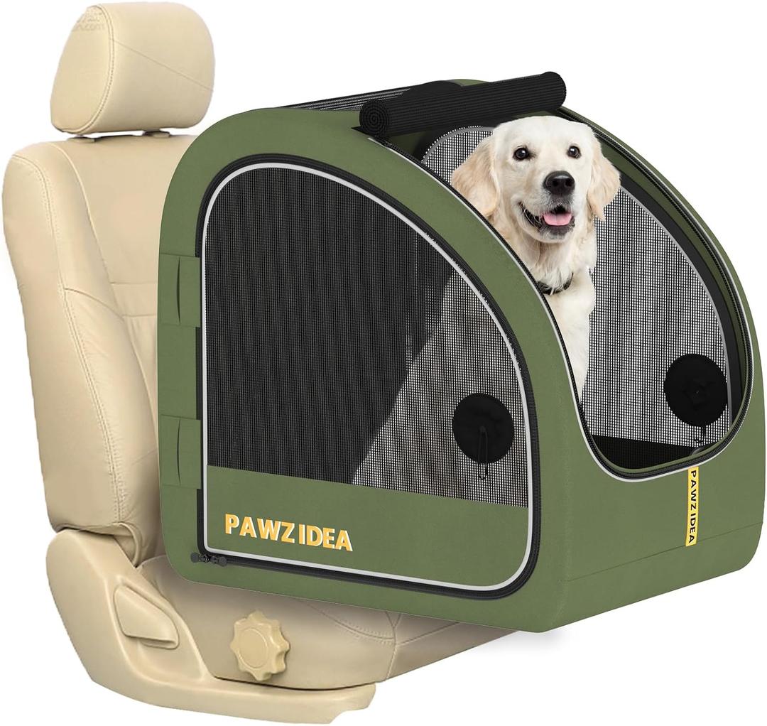 PAWZIDEA Portable Dog Crate for Car Travel, Collapsible Pet Travel Crates for Medium & Large Dogs Up to 80lbs, Enclosed Soft-Sided Car Kennel Carrier for Backseat, Secures w/Seatbelt & Headrest Strap
