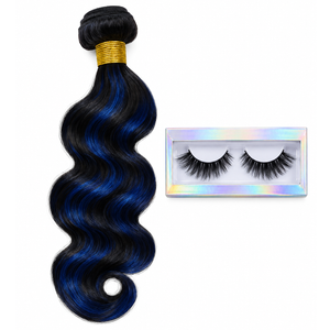 Anmetan Blue and Black Human Hair Bundles Body Wave, 13A Soft Thick Brazilian 100% Human Hair 3 Bundles, #F1B/BL Colored Midnight Blue Peekaboo Highlight Hair Sew In Wavy for Women 12 14 16 Inch, And 2 Pcs Eye Lashes