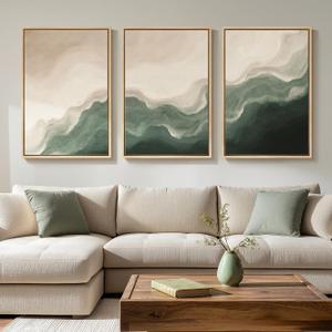 Large Framed Green and Beige Abstract Wall Art Set of 3, Modern Neutral Canvas Prints Paintings Artwork for Walls, Minimalist Abstract Pictures for Living Room Dining Room Bedroom Wall Decor 20x30 In (Serene Tides)