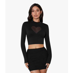 OYOANGLE Women's Heart Mesh Mock Neck Long Sleeve Crop Tee Top Club Wear XXS