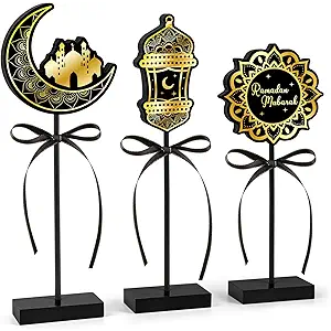 Hedeey 3 Pieces Ramadan Decorations Eid Mubarak Table Decor Wooden Set, Islamic Ramadan Tiered Tray Decor for Muslim Party Tabletop Decor Home (Classic)