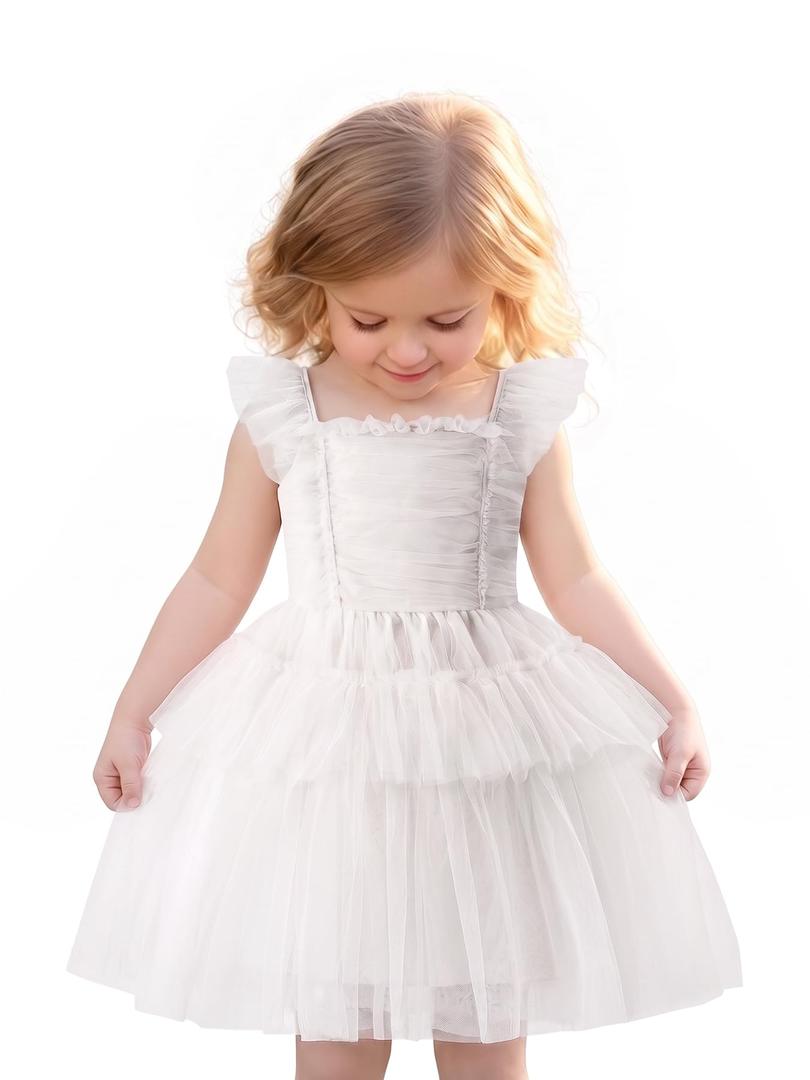 Tutu.kk Toddler Girls Birthday Princess Dress Tulle Sleeve Cake Ruffle Dresse Tutu Photo Shoot White 1-2T