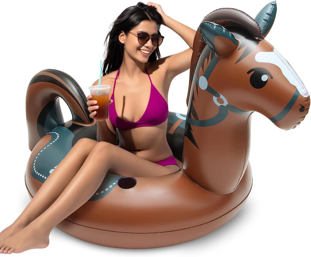 Pool Floats, Funny Pool Floaties Inflatables Rafts for Outdoor Water Lounge, Brown Horse Pool Swimming Ring for Beach Party & Tubes Pool Toys Float for Adults