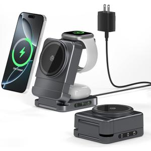 Wireless Charger 3 in 1, Foldable Charging Station for Apple Samsung Multi Devices Charging, Magnetic Charging Stand, Portable Travel Fast 15W Charger Station for iPhone, TWS, iWatch (Dark Gray)