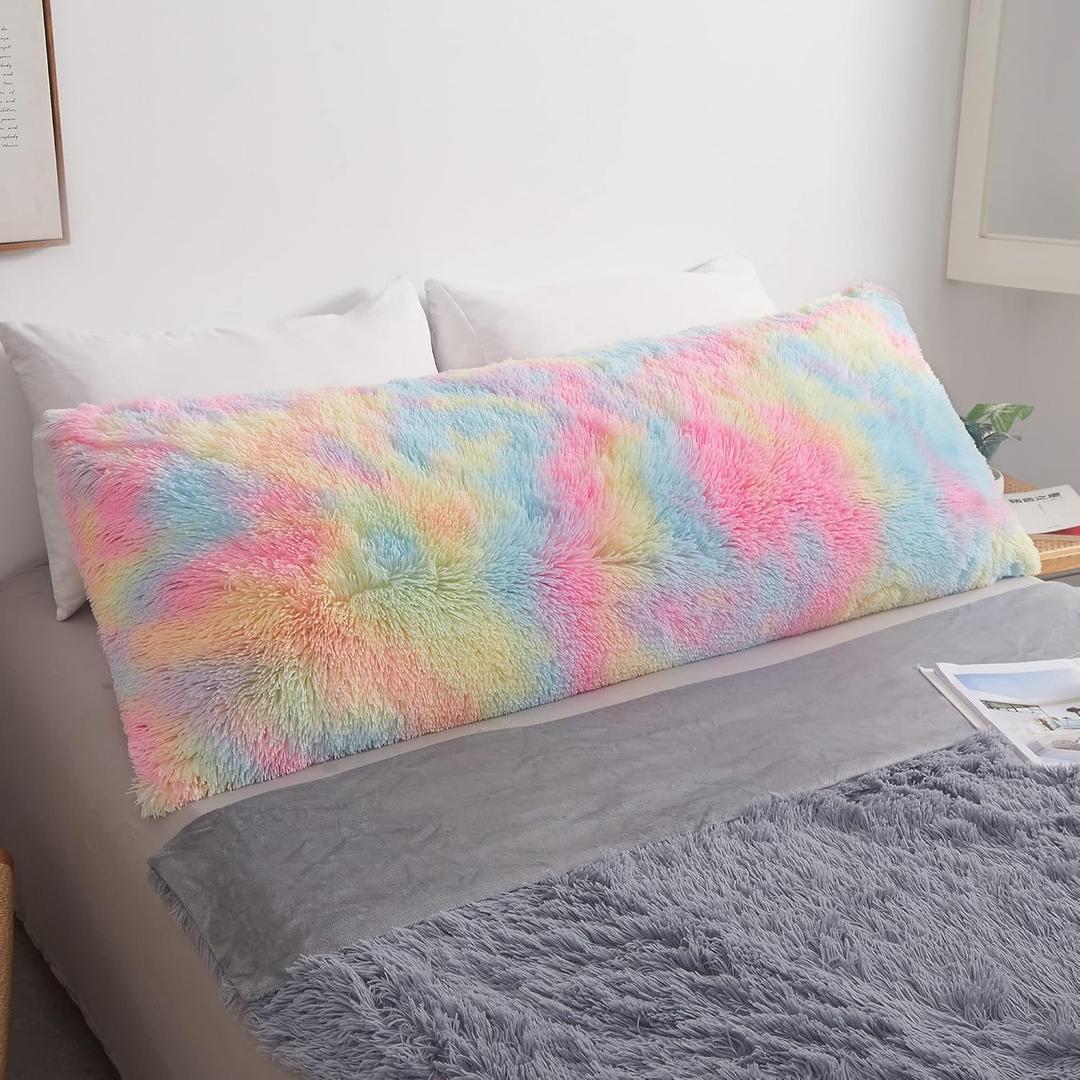 MEGO Rainbow Print Fluffy Body Pillow Cover, 20x54 Shaggy Faux Fur Body Pillow Case, Tie Dye Soft Plush Fuzzy Body Pillowcase, Furry Long Bed Pillow with Zipper for Kids Girls Children Women Rainbow