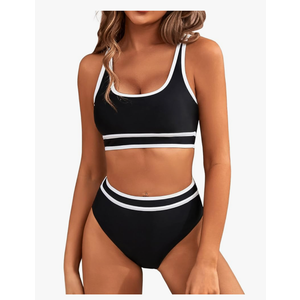 BMJL Women's High Waisted Bikini Sets Sporty Two Piece Swimsuits Color Block Cheeky High Cut Bathing Suits, L, Black & White