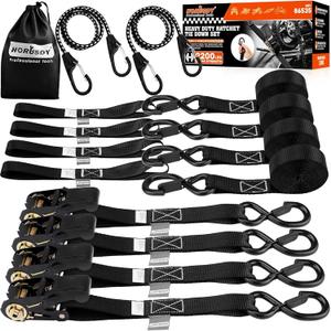 HORUSDY Ratchet Straps Heavy Duty, Tie Down Straps Ratchet Set, 2200 LB Break Strength, Safety Lock S Hooks, Best for Moving, Securing Cargo, Kayaks, Mountain (4 PackBlack) (Black-New Model)