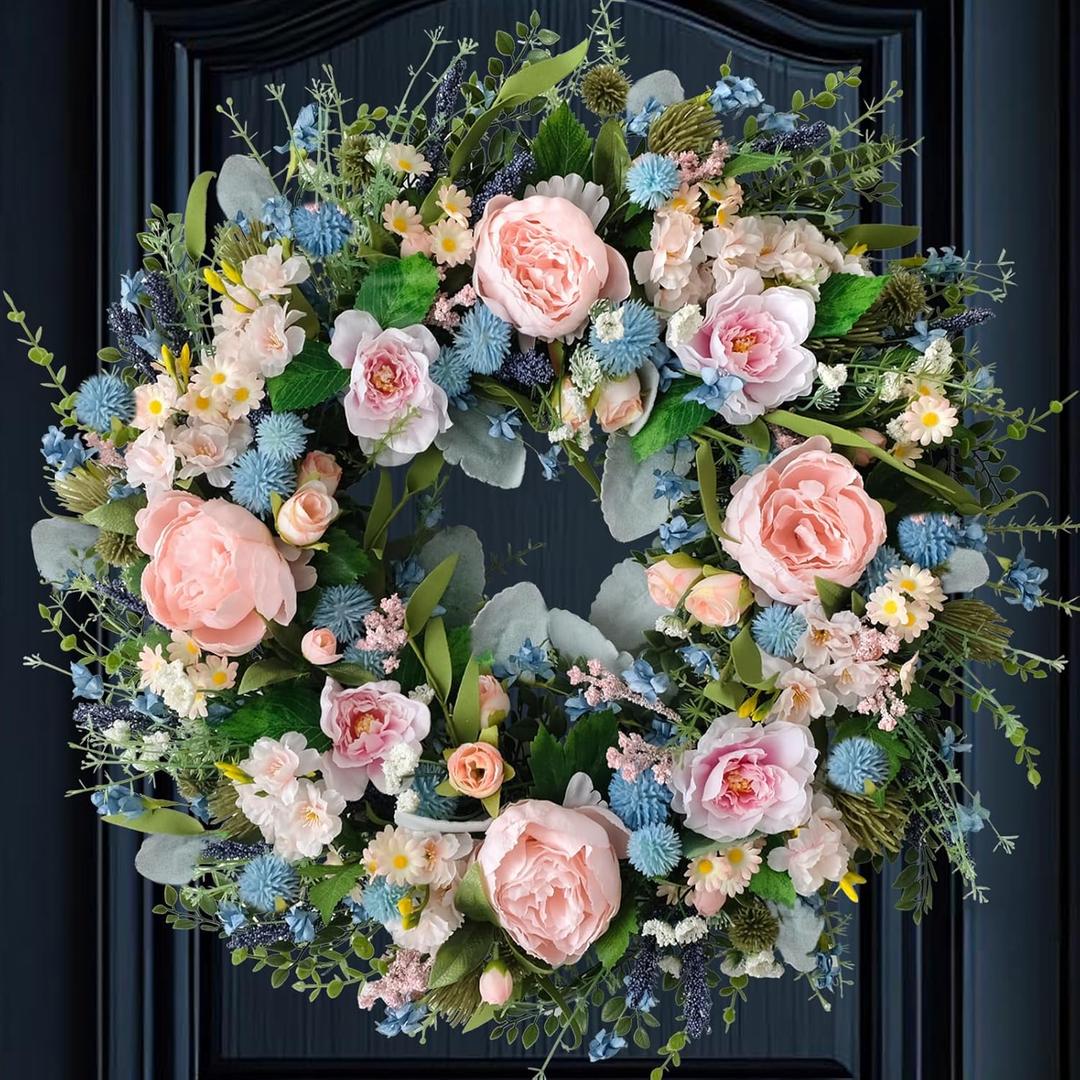 Summer Pink Peony Front Door Wreath 24-inch Flower Blue Wreath Indoor Outdoor Front Door Hallway Window Decoration Wedding Birthday Party Decoration, Pink