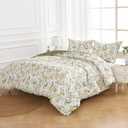 Mooreeke Floral Queen Size Comforter Sets, Vintage Green and Yellow Botanical Printed Bedding for All Seasons, 3-Piece Vintage Bed in a Bag with Fluffy Quilted Reversible Comforter & 2 Pillow Shams