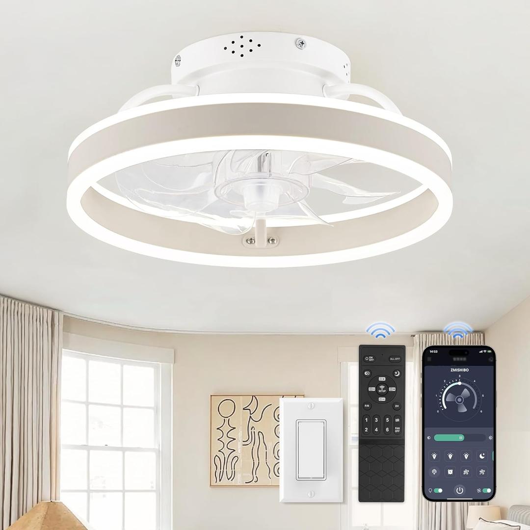 ZMISHIBO Low Profile Ceiling Fans with Lights and Remote, 13 Inch Fandelier Ceiling Fan with Light, White Modern Flush Mount Ceiling Fan, Small Dimmable LED Fan Lights for Bedroom