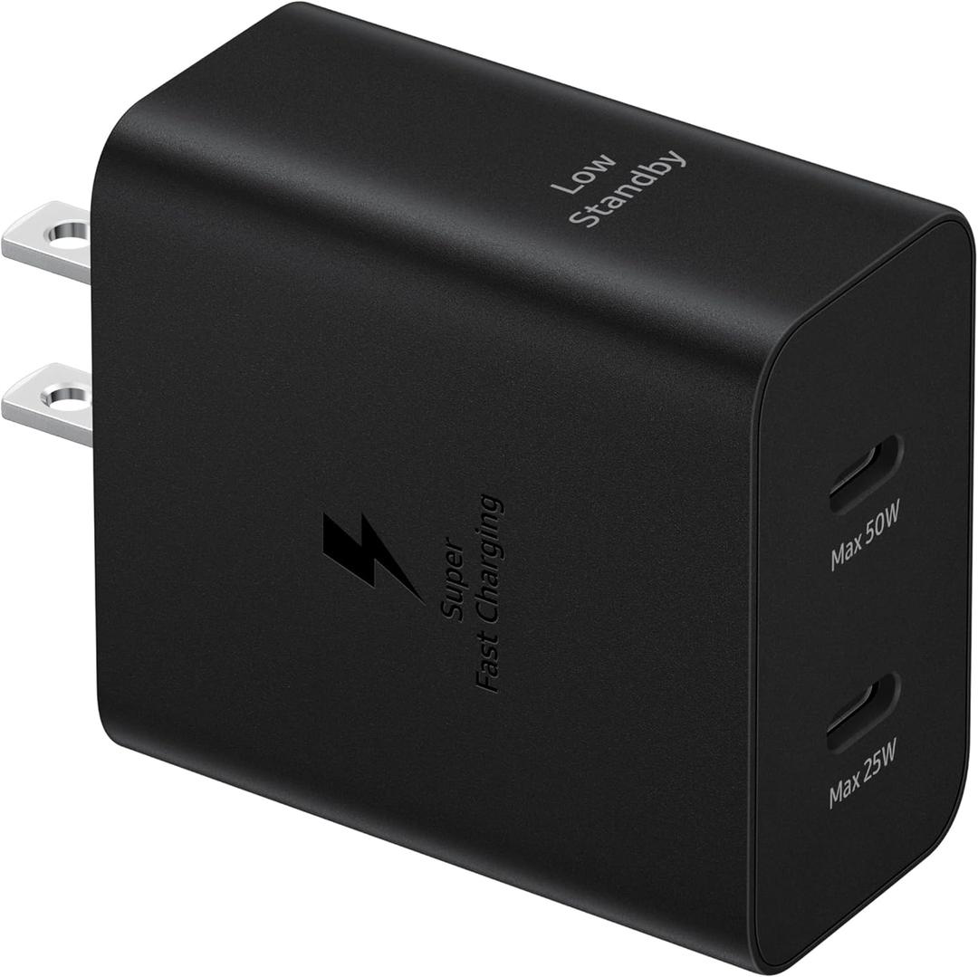 SAMSUNG 50W Duo Power Adapter Wall Charger, 2 Ports, Cable Included, Super Fast Charging 2.0 for Galaxy Phones, Tablets, USB Type C Devices, Low Standby Power Consumption, EP-T5020XBEGUS, Black