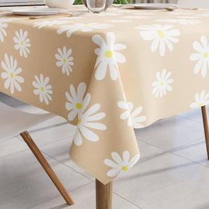 Encasa XO Dining Tablecloth  56"x84" (7 ft) for 4 to 6 Seater | Cotton, Machine Washable Table Cloth Rectangular Table | Tablecloths for Wedding, Party, Buffet, Everyday Use  Daisy Beige Print