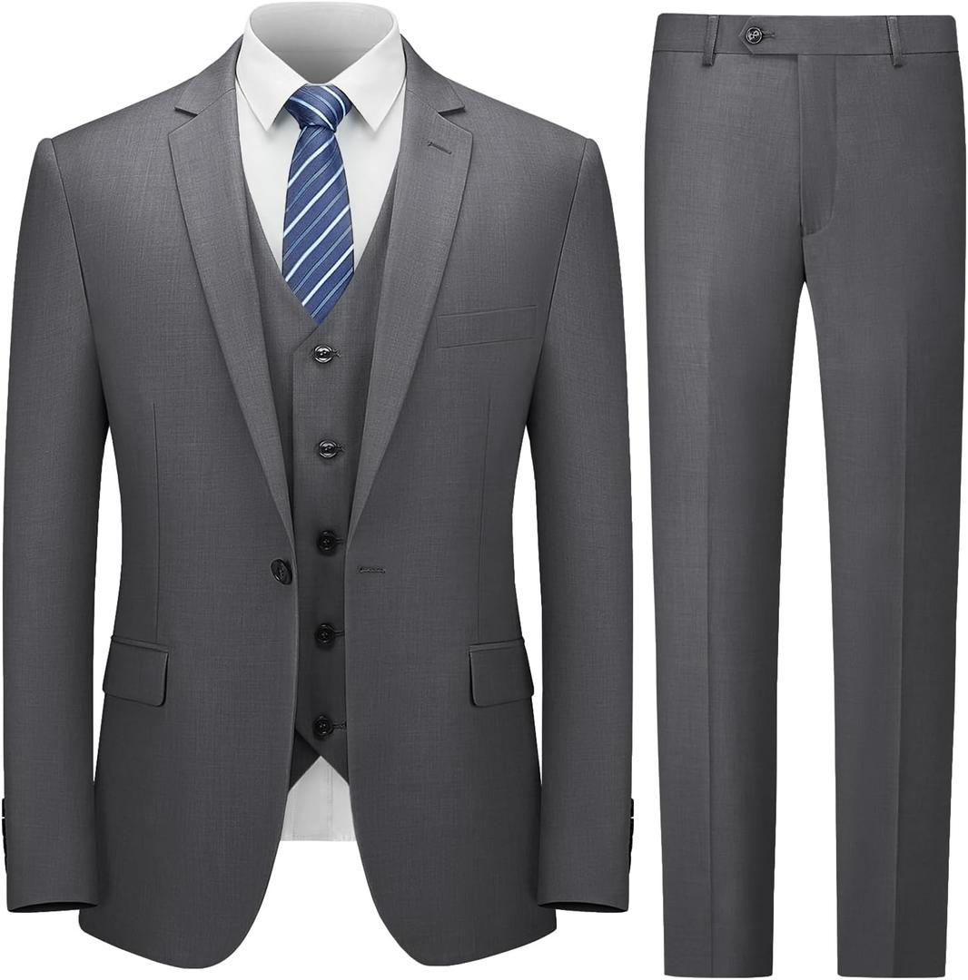 Cooper & Nelson Men's Suit Slim Fit, 3 Piece Suits for Men, One Button Solid Jacket Vest Pants with Tie, Tuxedo Set Dark Grey S