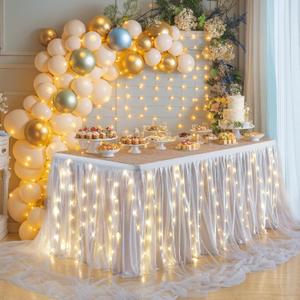 PARTISKY Gray Tulle Tutu Table Skirt for Rectangle Tables or Round Table,Led Light String Table Cloth for Wedding Baby Shower Birthday Party Dessert/Cake Tables