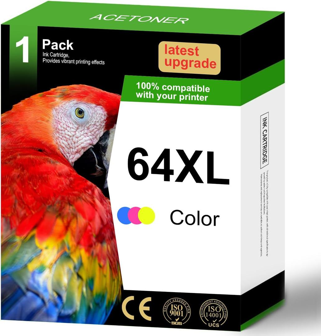 64XL Color Ink Cartridge Remanufactured for HP Ink 64 64 XL Ink Work for Envy Photo 7155 7120 6252 6255 7100 7158 7164 Tango Series Printer (1 Tri-Color)